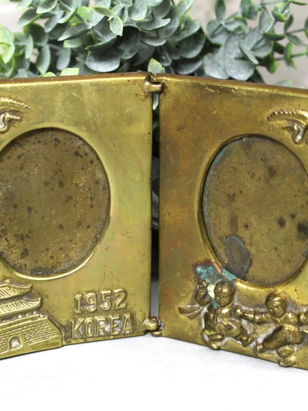 1952 KOREA Vintage Korean Brass Folding Picture Frame: Korean War Era Souvenir